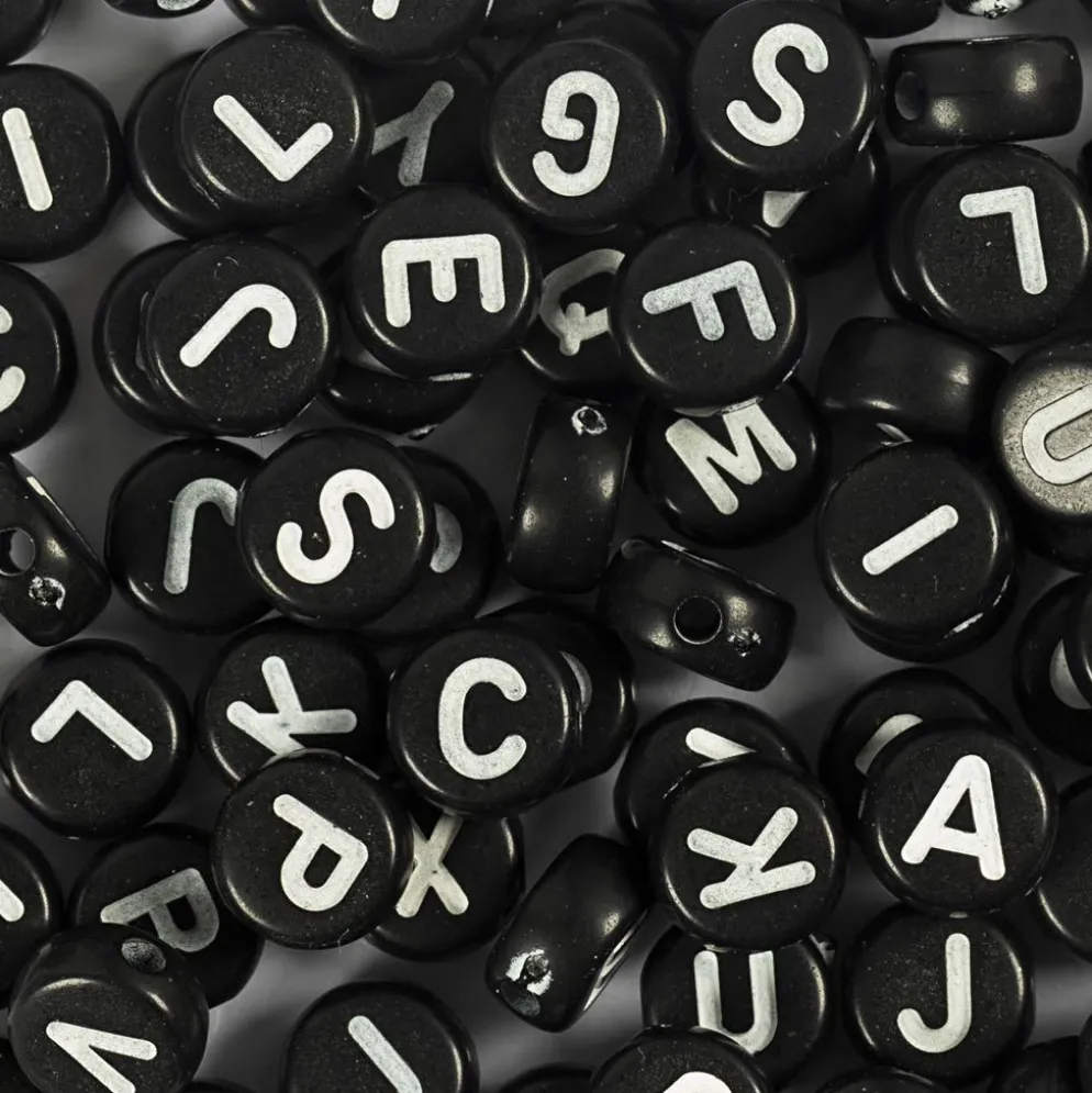 Bokstavspärlor, Dia. 7 mm, Hålstl. 1,2 mm, svart, 165 g/ 1 förp.