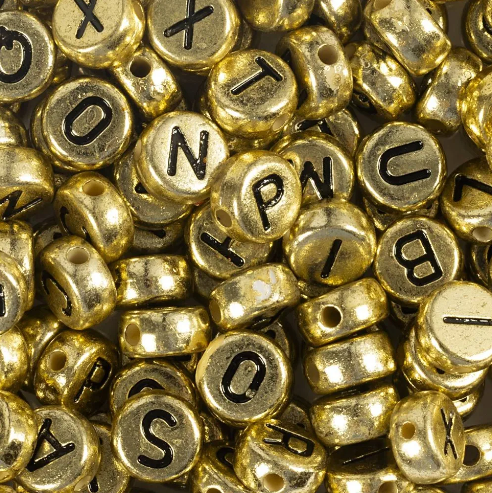Bokstavspärlor, Dia. 7 mm, Hålstl. 1,2 mm, ca. 200 st., guld, 21 g/ 1 förp.