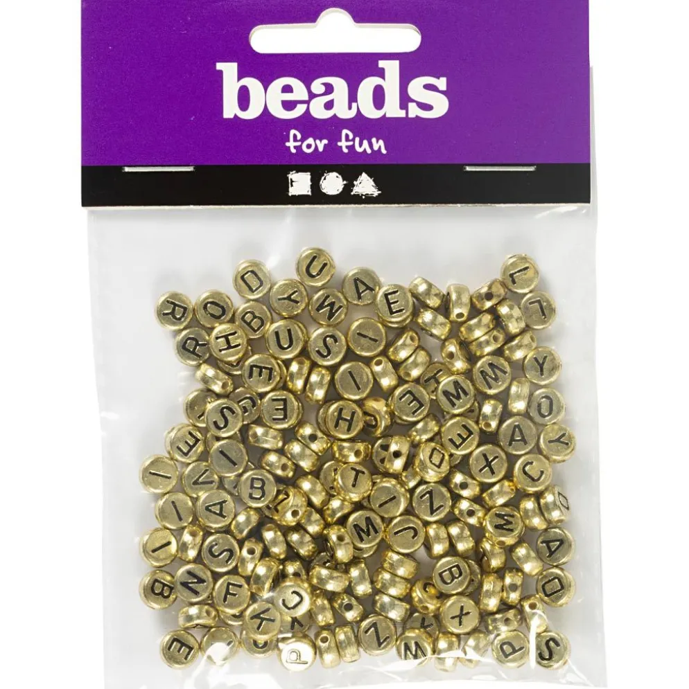 Bokstavspärlor, Dia. 7 mm, Hålstl. 1,2 mm, ca. 200 st., guld, 21 g/ 1 förp.