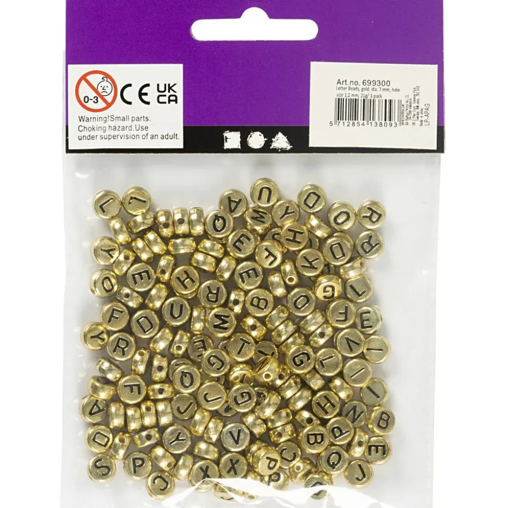 Bokstavspärlor, Dia. 7 mm, Hålstl. 1,2 mm, ca. 200 st., guld, 21 g/ 1 förp.