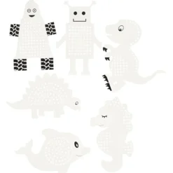 Broderifigurer, djur/robot, H: 8-13 cm, B: 8-13 cm, vit, 6x3 st./ 1 förp.