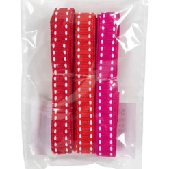 Dekorationsband, stickningar, B: 10 mm, röd, vit, 3 m, 3x1 m/ 1 förp.