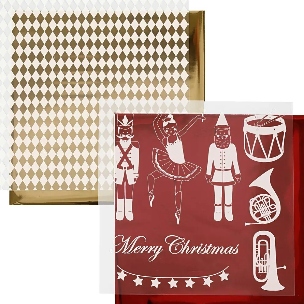 Dekorationsfolie och limark med motiv, nötknäppare, jultomte och ballerina, ark 15x15 cm, guld, röd, vit, 4 ark/ 1 förp.