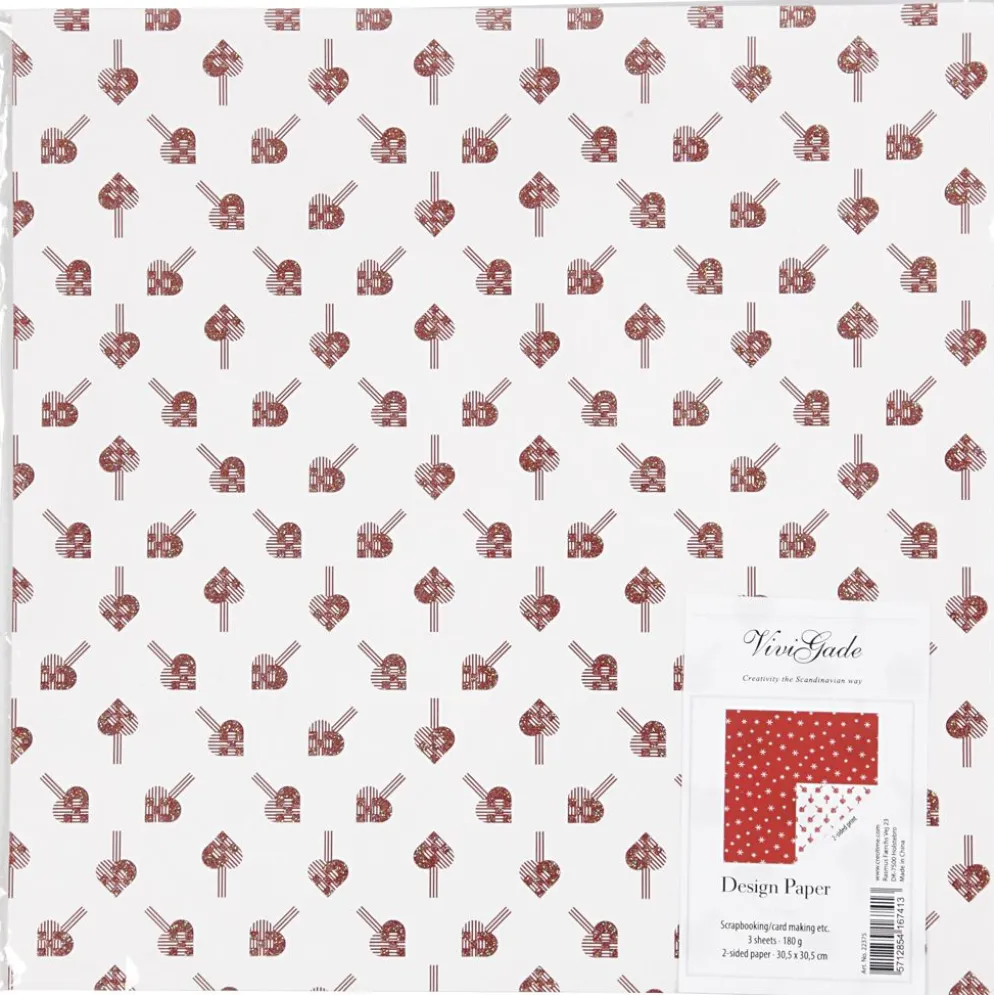 Designpapper, fläthjärtan & snöflingor, ark 30,5x30,5 cm, 180 g, 3 ark/ 1 förp.