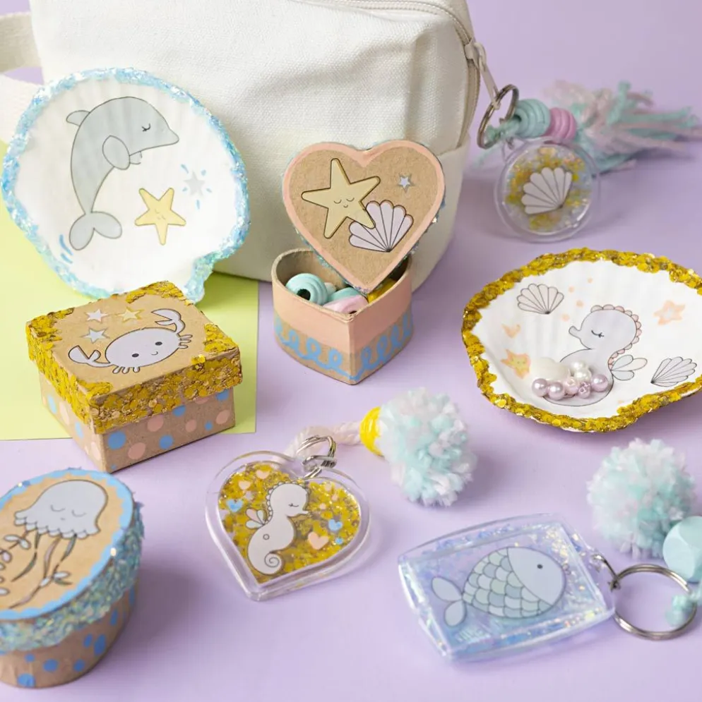 DIY Kit Dekoration, Lådor, skal, nyckelringar, pastellfärger, 1 förp.