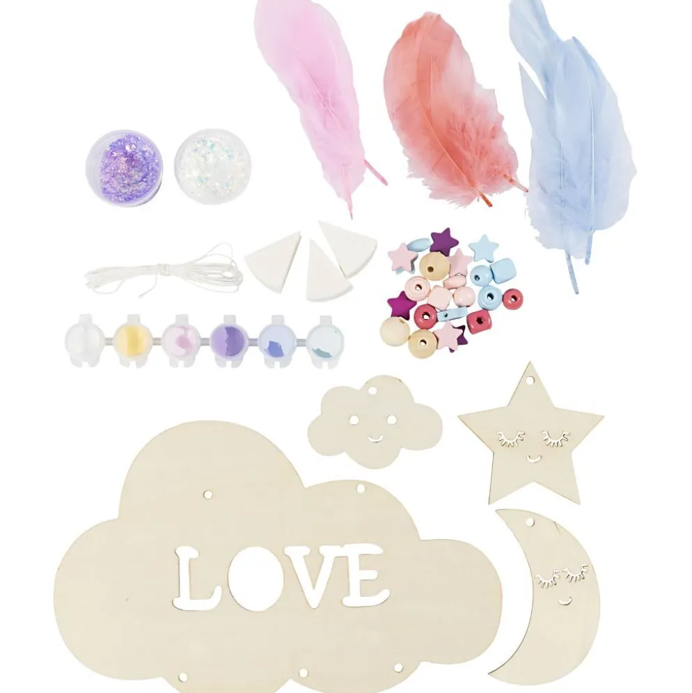 DIY Kit Dekoration, Moln, måne, stjärna, glitter färger, pastellfärger, 1 förp.