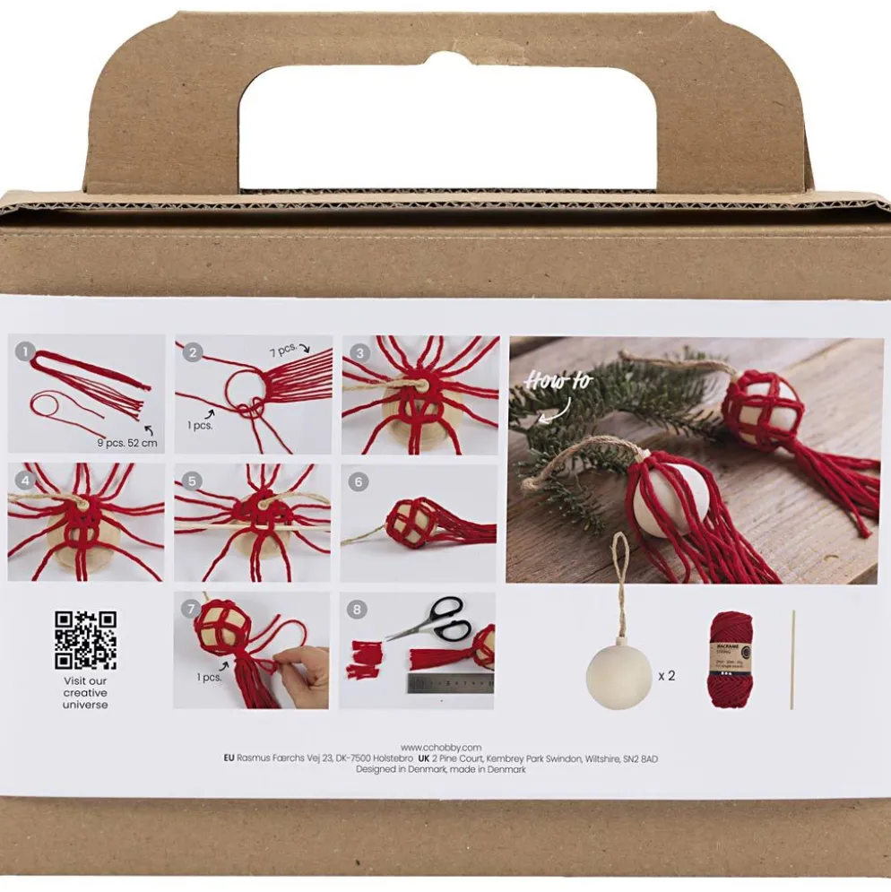 DIY Kit Julgranskulor, Makramé, julröd, 1 förp.