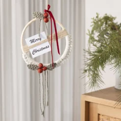DIY Kit Makramé, Julkrans, mossgrön, julröd, råvit, 1 förp.