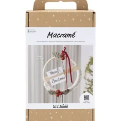 DIY Kit Makramé, Julkrans, mossgrön, julröd, råvit, 1 förp.