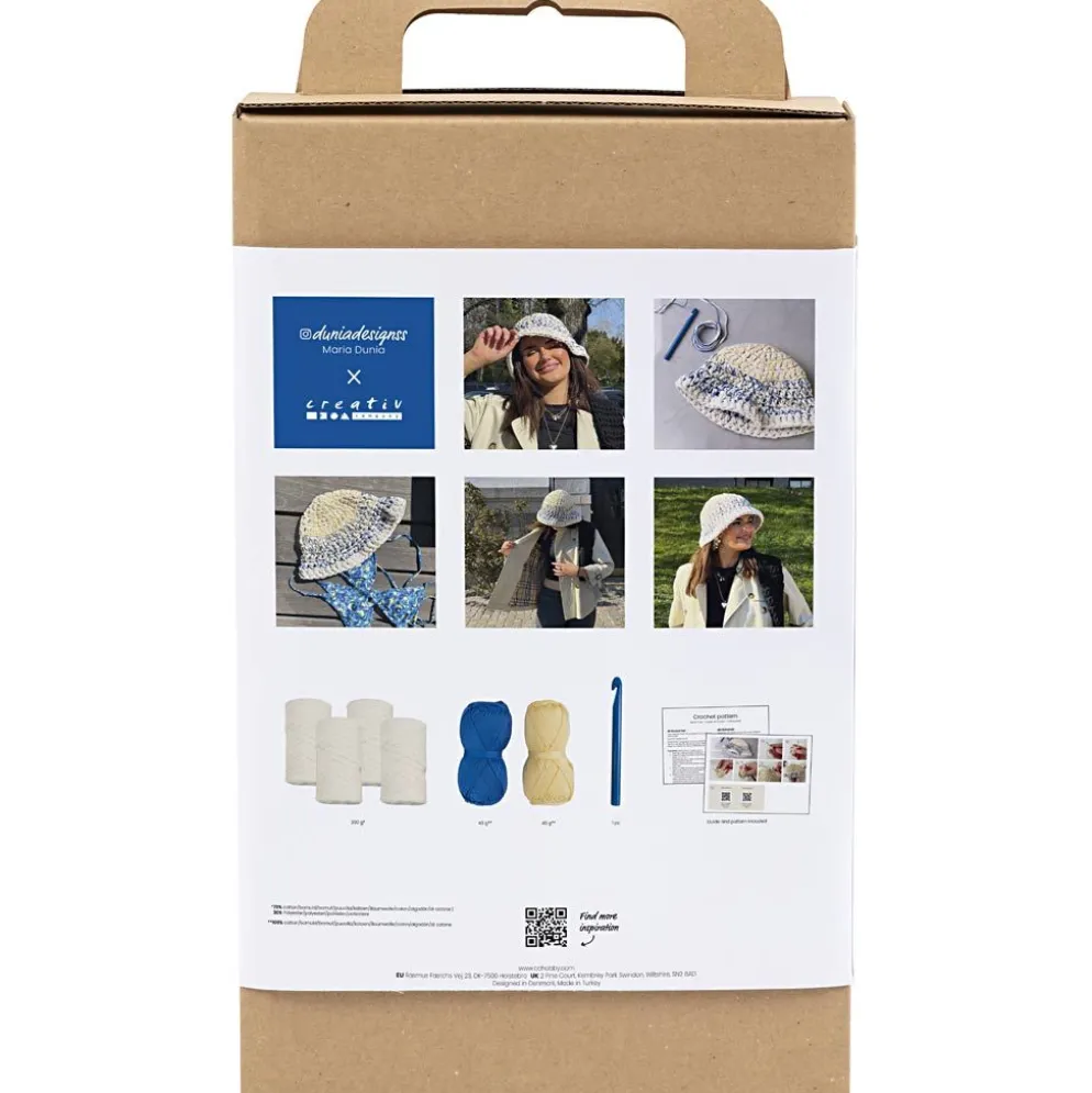 DIY Kit Virkning, Grov fiskarhatt, blå, ljusnatur, gul, 1 förp.