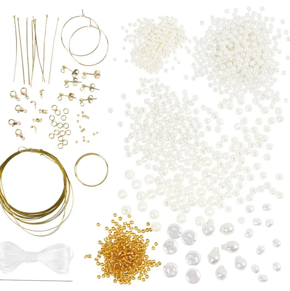 DIY Mix Smycken, Halsband, armband, örhängen, förgylld, vit, pärlemor, 1 förp.