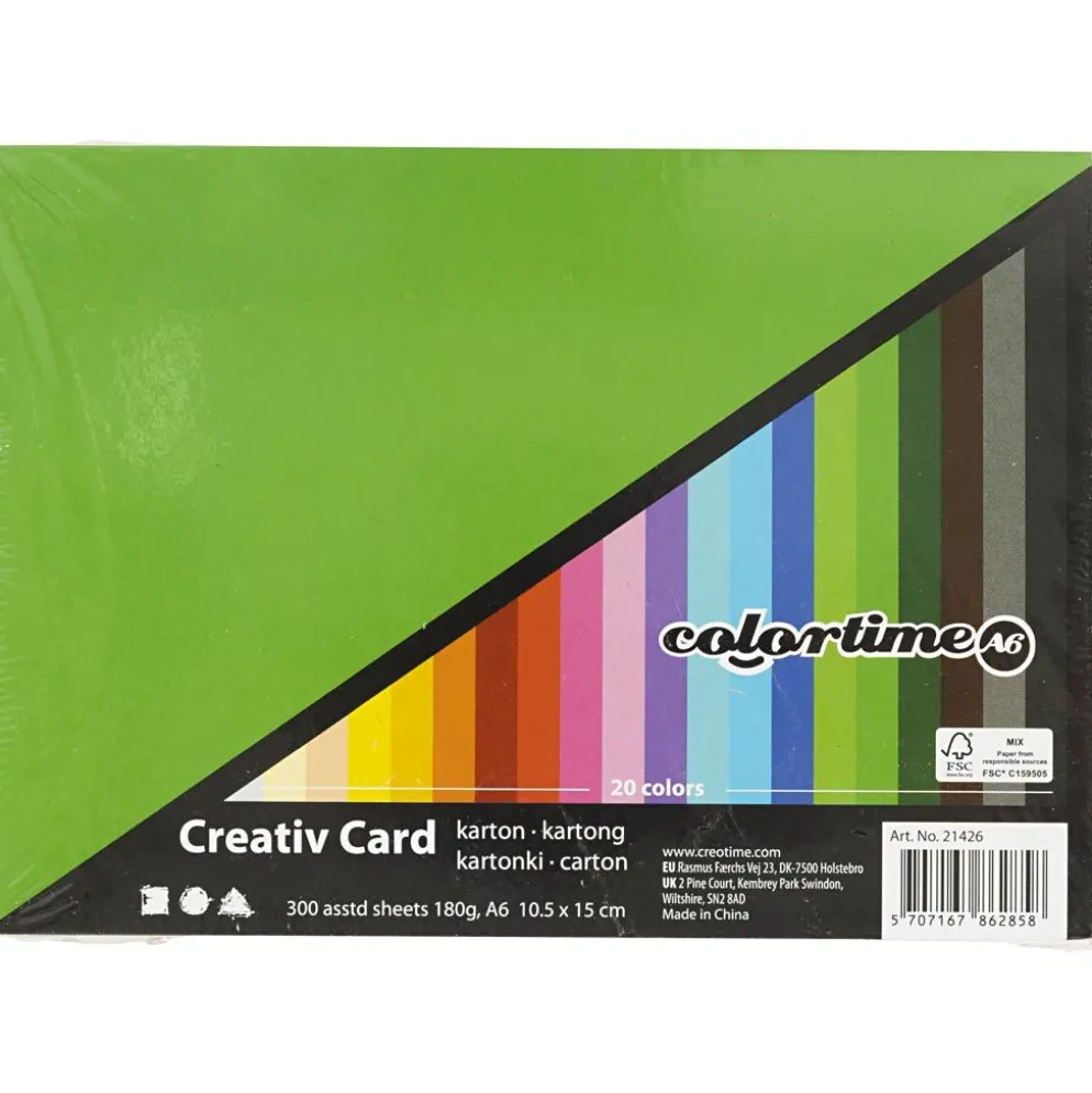 Färgad kartong, A6, ark 105x148 mm, 180 g, mixade färger, 300 mix. ark/ 1 förp.