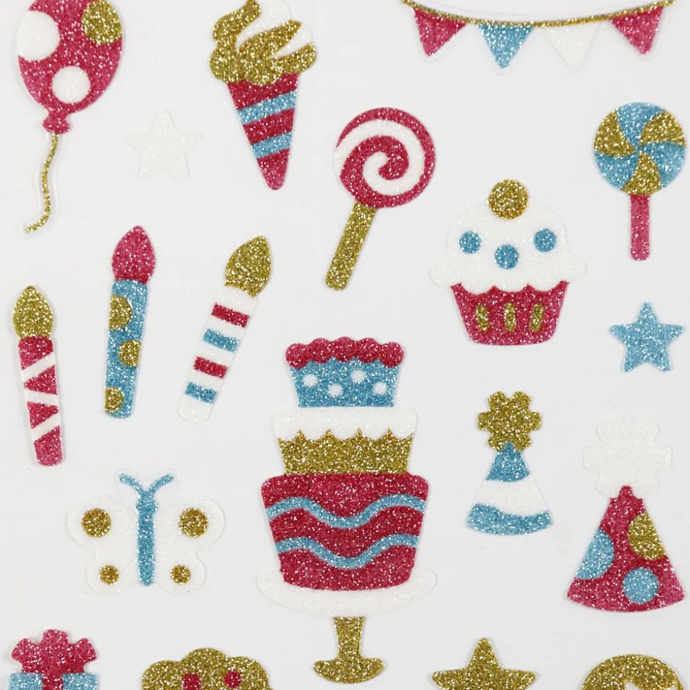 Glitterstickers, födelsedag, ark 10x16 cm, 1 ark