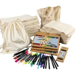 Grupp DIY Kit sko- och tygkassar med tuschpennor, stl. 27,5x30 cm, mixade färger, 1 set