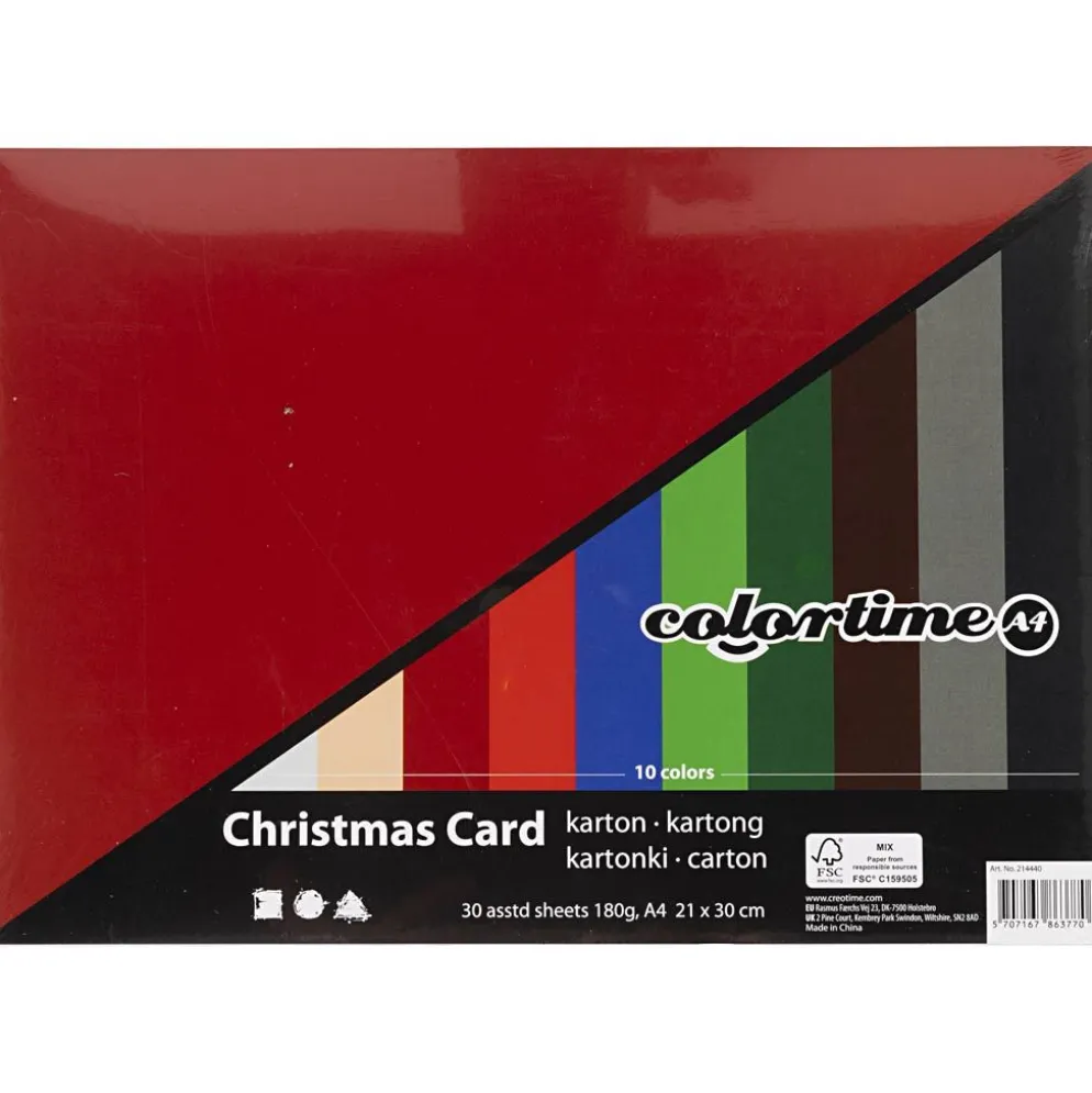 Julkartong, A4, ark 210x297 mm, 180 g, mixade färger, 30 mix. ark/ 1 förp.