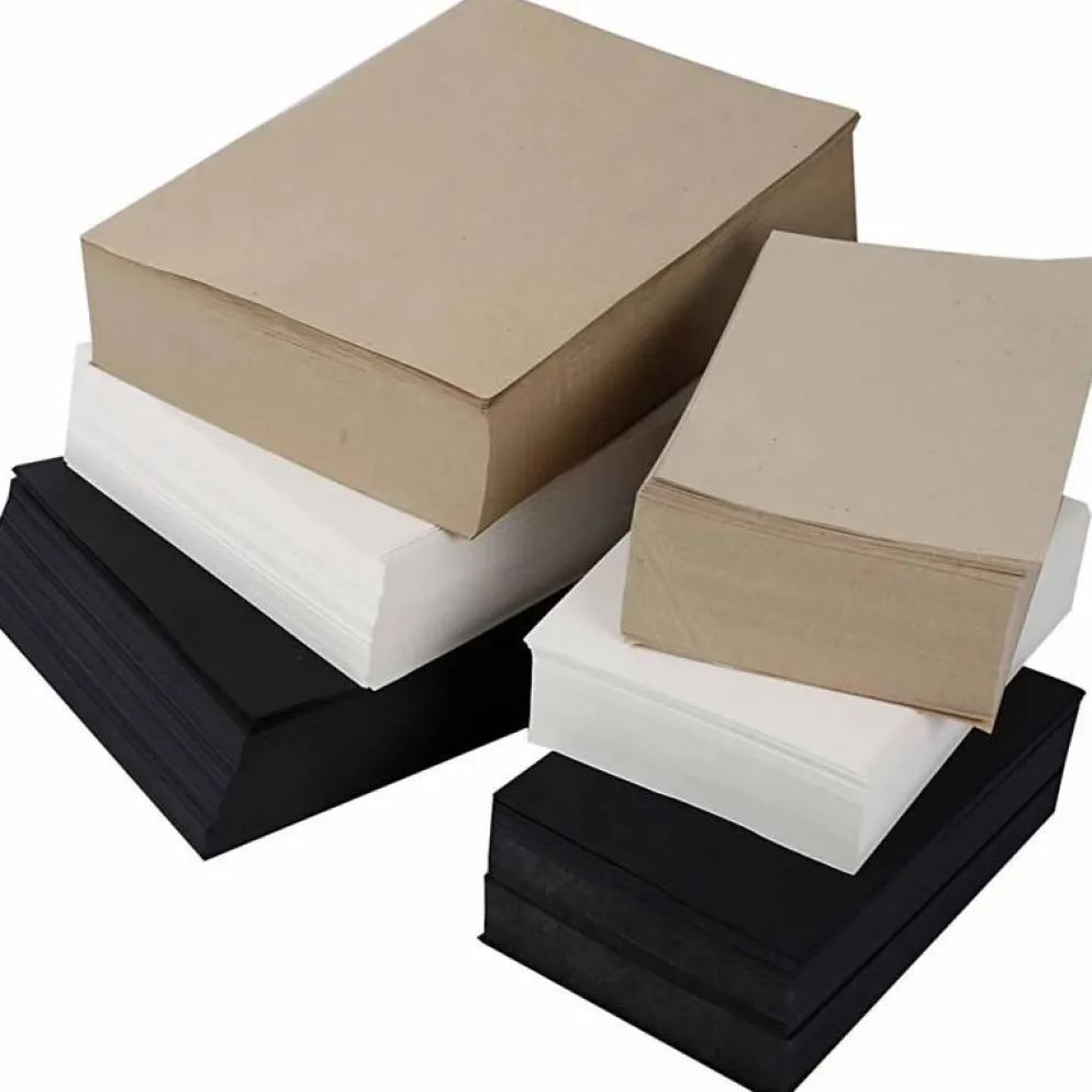 Kraftpapper, A3,A4, 100+135 g, svart, grå, ädel, vit, 6000 mix. ark/ 1 förp.