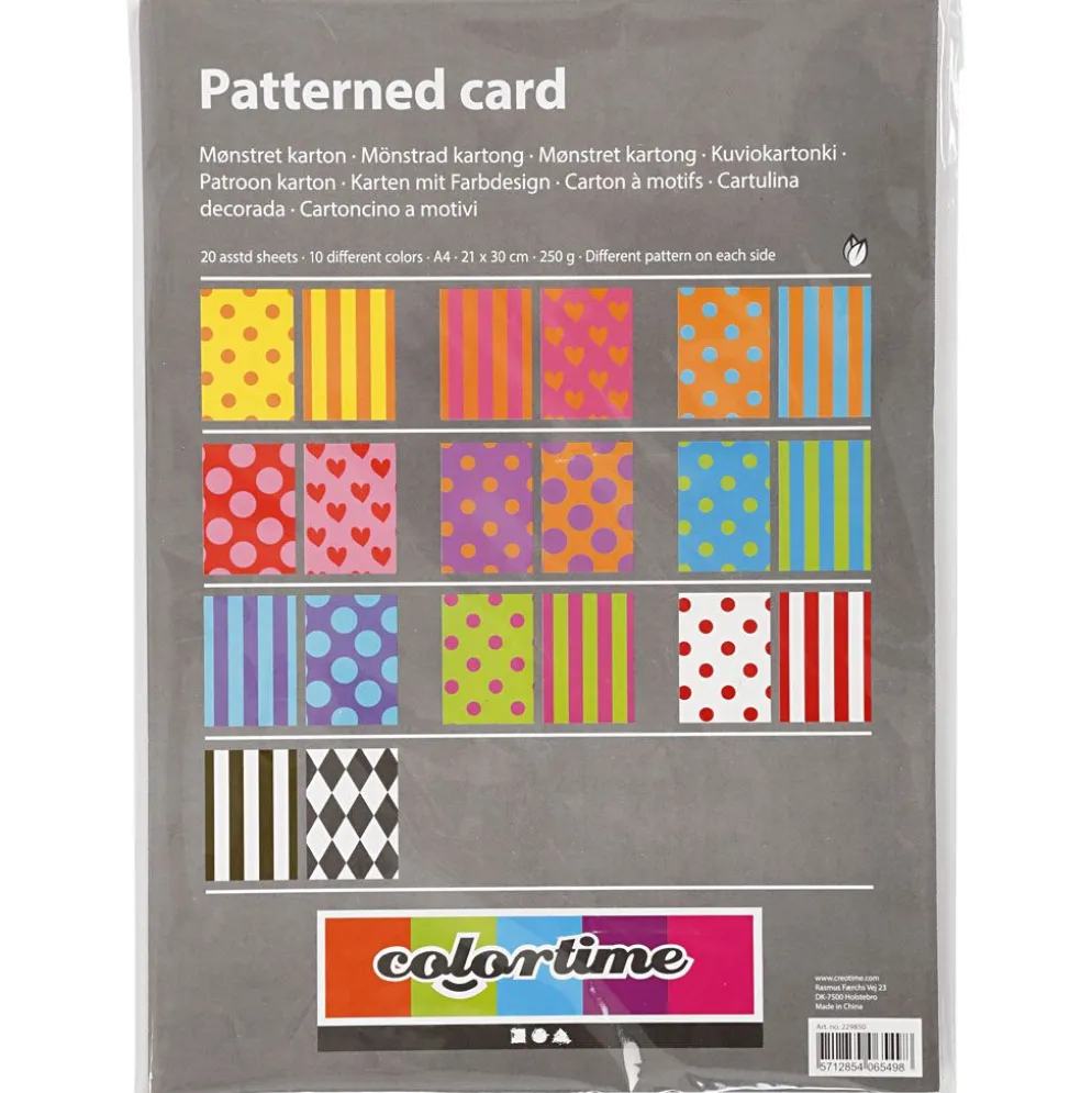 Mönstrad kartong, A4, ark 210x297 mm, 250 g, mixade färger, 20 mix. ark/ 1 förp.