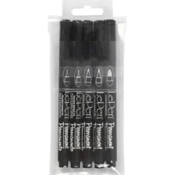 Permanenta tuschpennor, spets 2x0,6+2x0,8+1,3 mm, svart, 5 st./ 1 förp.