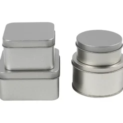 Plåtburk, Rund och fyrkantig, H: 3-4,5 cm, Dia. 6,5+7,5 cm, stl. 7x7+8,5x8,5 cm, gråmetall, 4 st./ 1 förp.