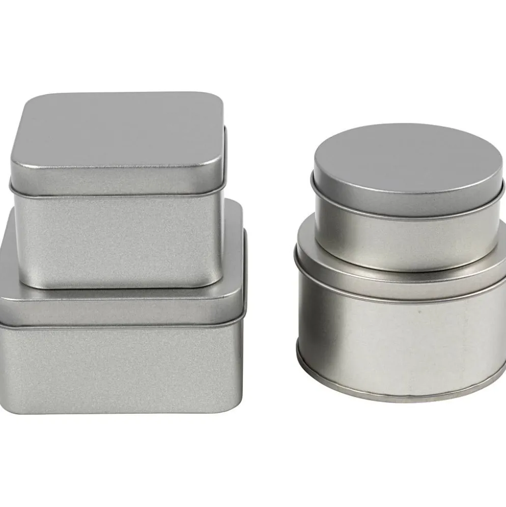 Plåtburk, Rund och fyrkantig, H: 3-4,5 cm, Dia. 6,5+7,5 cm, stl. 7x7+8,5x8,5 cm, gråmetall, 4 st./ 1 förp.