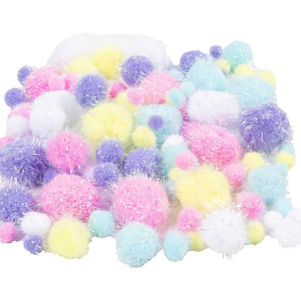 Pompoms, Dia. 15-40 mm, glitter, ca. 75 st., pastellfärger, 62 g/ 1 förp.