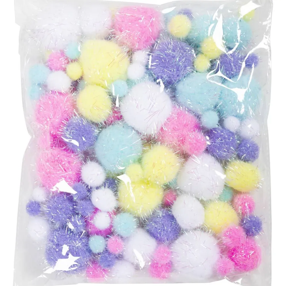 Pompoms, Dia. 15-40 mm, glitter, ca. 75 st., pastellfärger, 62 g/ 1 förp.