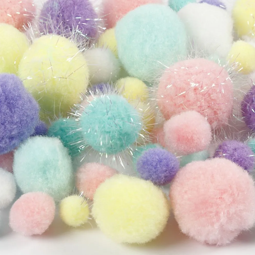 Pompoms, Dia. 15-40 mm, glitter, ca. 400 st., pastellfärger, 400 g/ 1 förp.