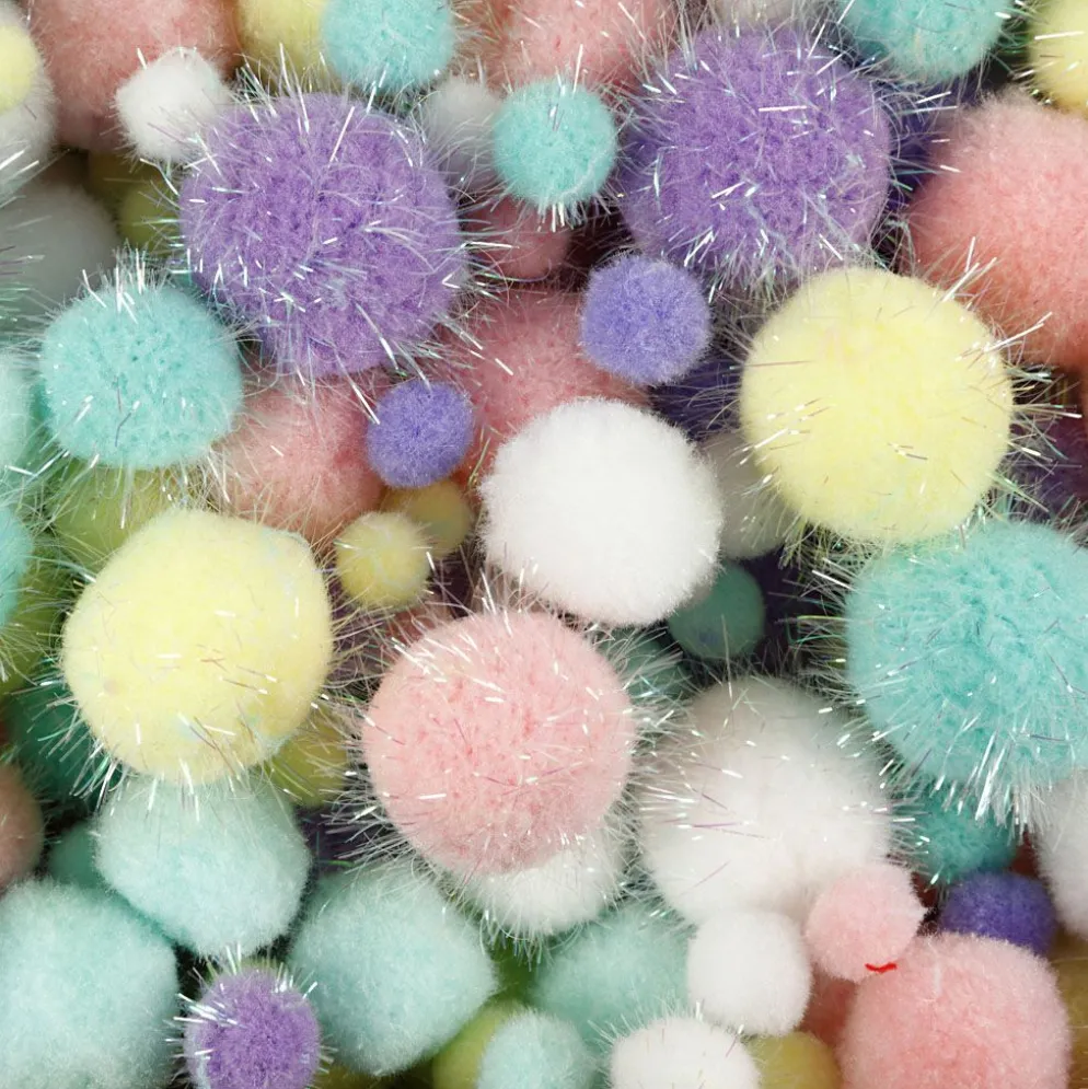 Pompoms, Dia. 15-40 mm, glitter, ca. 400 st., pastellfärger, 400 g/ 1 förp.