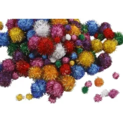 Pompoms,pompong, Dia. 15-40 mm, glitter, ca. 400 st., starka färger, 300 g/ 1 förp.