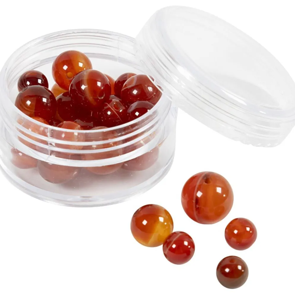 Pärlor av agatsten, Dia. 6+8+10 mm, Hålstl. 0,9-1 mm, bränd orange, röd, 28 st./ 1 förp.