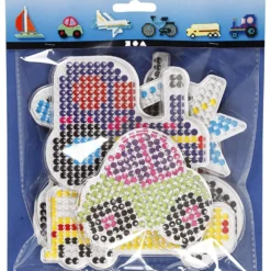 Pärlplattor, bil, flygplan, båt, traktor, buss och cykel, stl. 9x9,5+11x16 cm, medium, 6 st./ 1 förp.