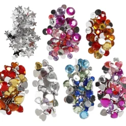Rhinestones i ask, runda, stjärnor, hjärtan, Dia. 6+7+9+10+11+12+14+16 mm, blå, rosa, silver, 300 st./ 1 förp.