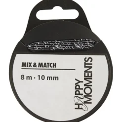 Satinband med tryck, B: 10 mm, svart, 8 m/ 1 rl.