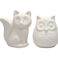 Spardjur, uggla och räv, H: 9 cm, vit, 2 st./ 1 förp.