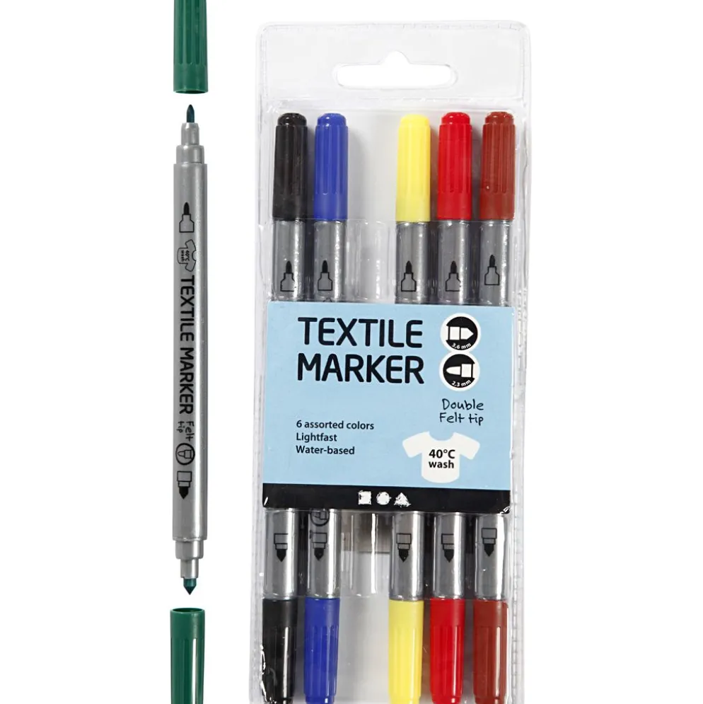 Textiltuschpennor, spets 2,3+3,6 mm, standardfärger, 6 st./ 1 förp.