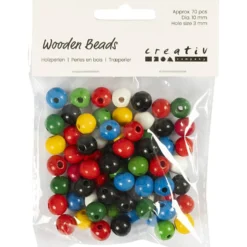Träpärlor, Dia. 10 mm, Hålstl. 3 mm, ca. 70 mix., mixade färger, 20 g/ 1 förp.