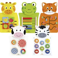 VIGA Aktivitetstavla, Ko, katt, frön, zebra och giraff, stl. 36x55x3,5 cm, 5 delar/ 1 förp.