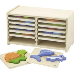 VIGA pusselhylla med 12 blockpussel, H: 17,5 cm, L: 31,5, B: 16 cm, 2 brickor, 12 delar/ 1 set