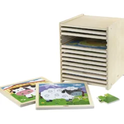 VIGA pusselhylla med 12 pussel, stl. 23x27,5x23,5 cm, 12X9 brickor, 12 delar/ 1 set