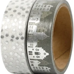 Washitejp, hus och prickar - folie, B: 15 mm, silver, 2x4 m/ 1 förp.